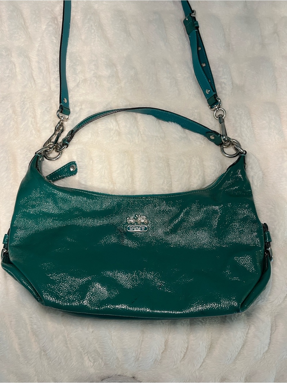Coach Teal Patent Leather Shoulder Bag with Adjustable Strap